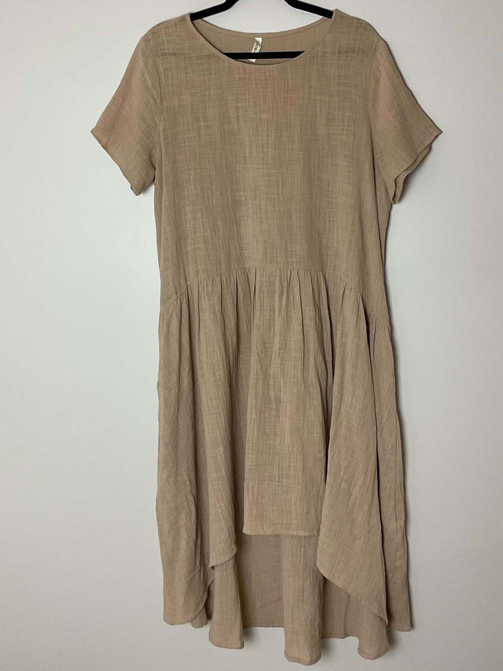 Love In Short-Sleeve Tan Cotton High-Low Dress Lagenlook Minimal Prairie Large - Picture 1 of 7